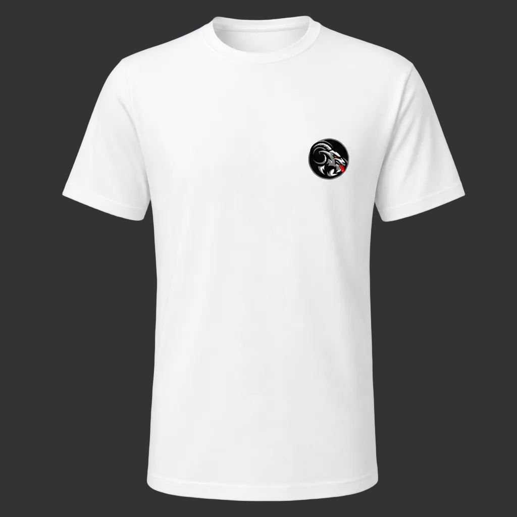 White t-shirt with a small black logo on the chest against a black background