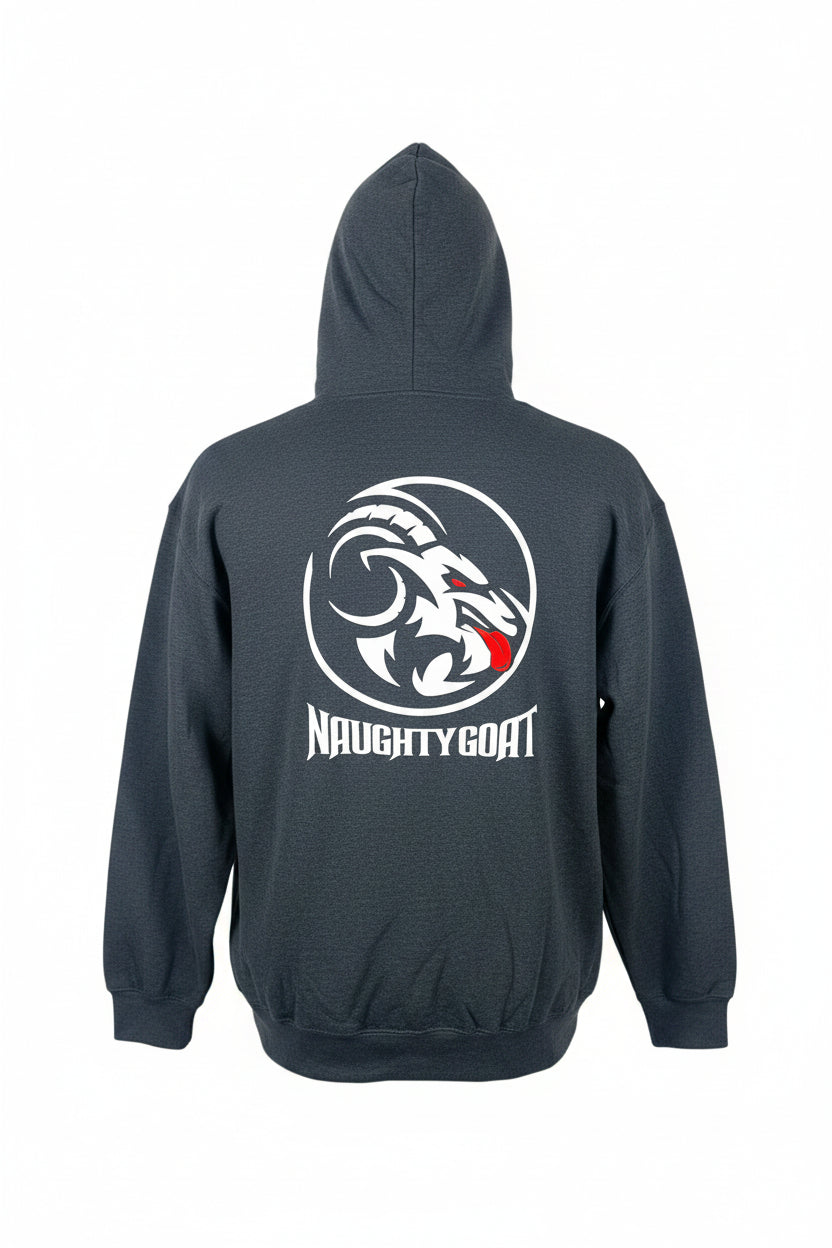 Gray hoodie with 'Naughty Goat' logo on the back against a white background