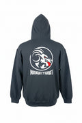 Gray hoodie with 'Naughty Goat' logo on the back against a white background