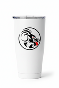 Black and white goat head design with a red tongue on a white Tumbler