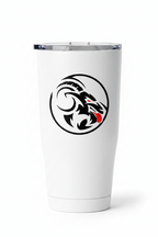 Black and white goat head design with a red tongue on a white Tumbler