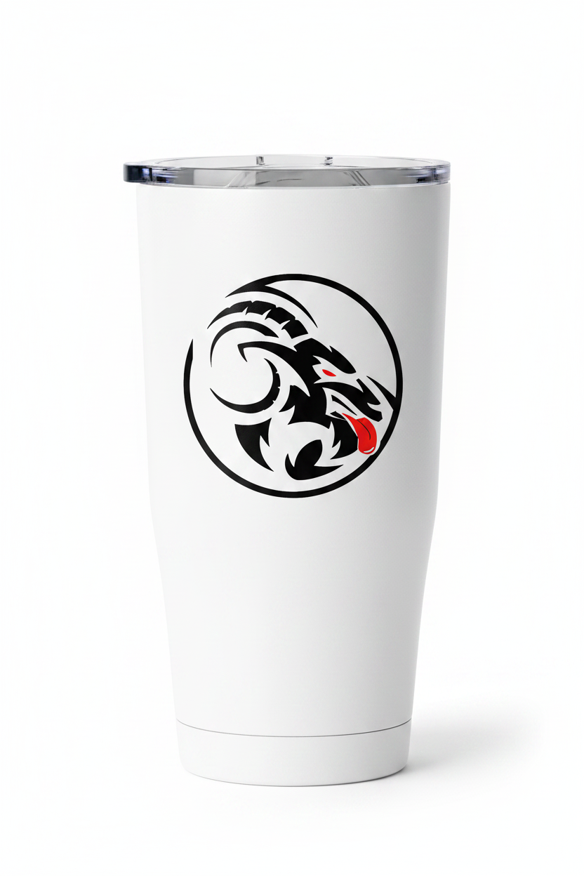 Black and white goat head design with a red tongue on a white Tumbler