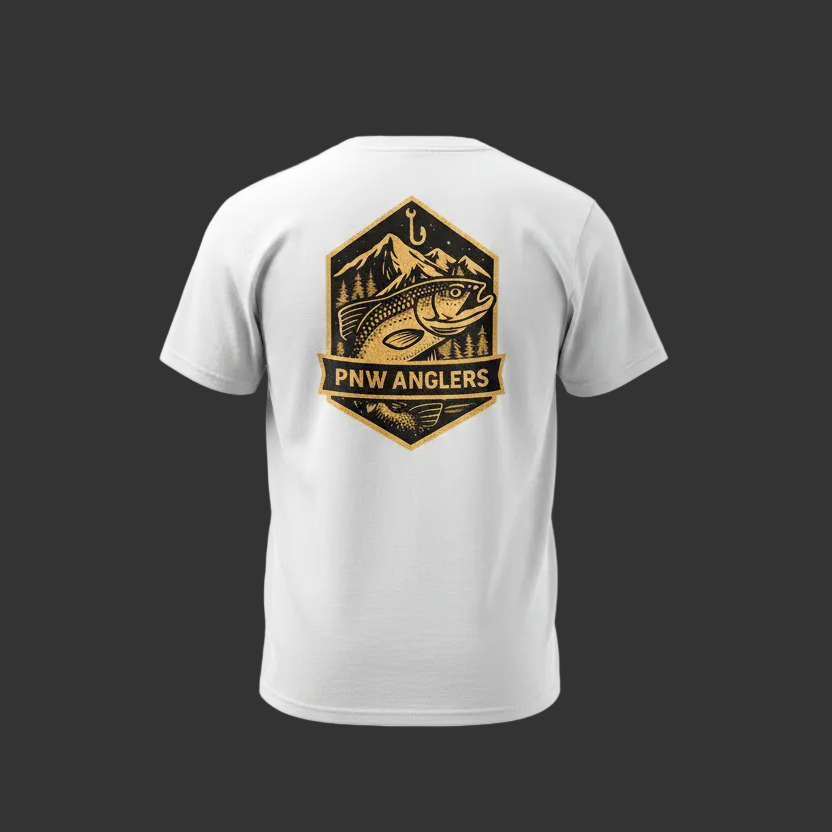 Logo of PNW Anglers with a fish, mountains, and trees on a black background