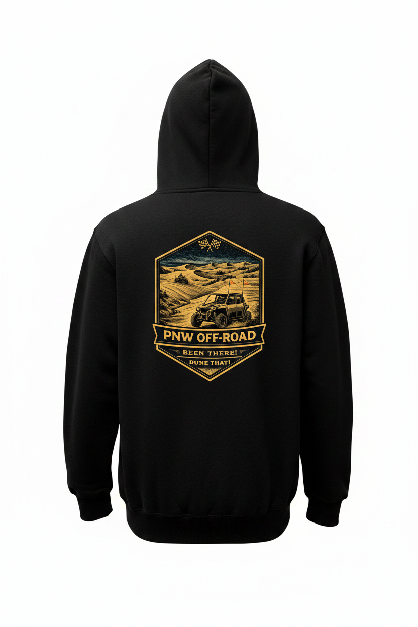 Black hoodie with 'PNW Off-Road' graphic on the back against a white background