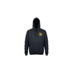 Black hoodie with a yellow logo on a white background