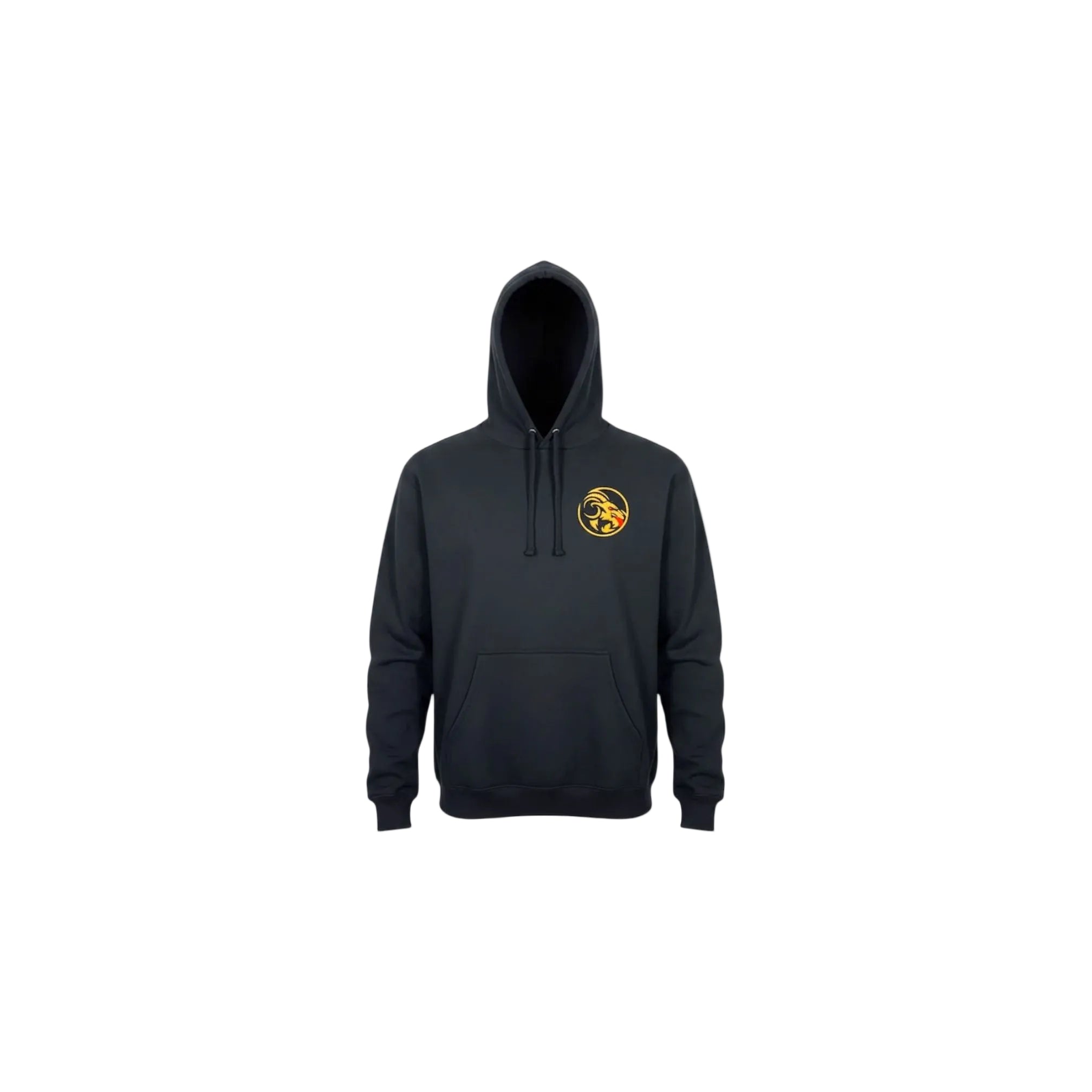 Black hoodie with a yellow logo on a white background