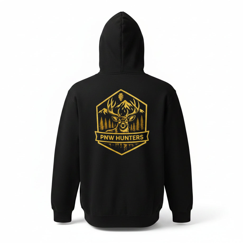  'PNW Hunters' badge & text on black sweatshirt with a white background.