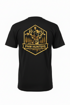 Logo for PNW Hunters with a deer and forest design on a black t-shirt with white background