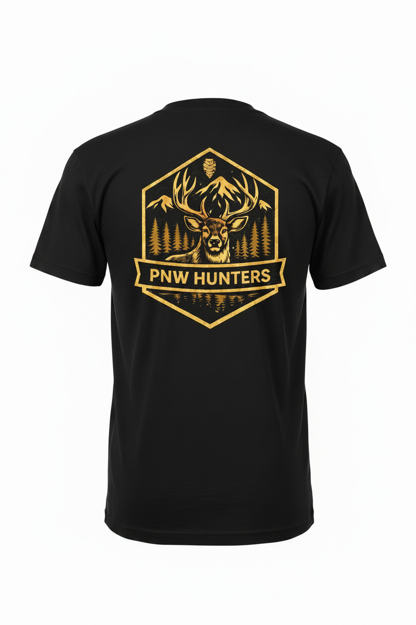 Logo for PNW Hunters with a deer and forest design on a black t-shirt with white background