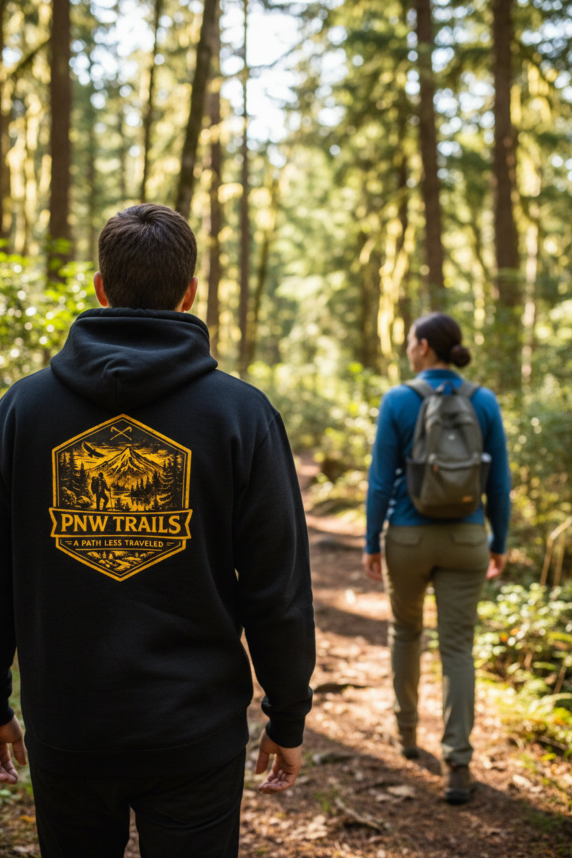 Hexagonal logo with mountain, lake, and hiker silhouette, featuring 'PNW Trails' text.
