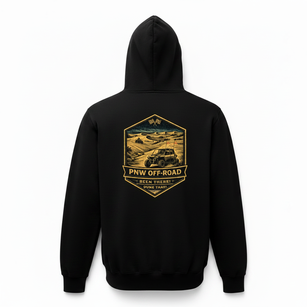 Black hoodie with 'PNW Off-Road' graphic on the back against a white background