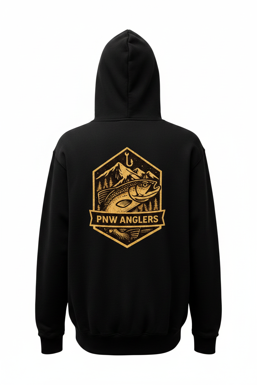 Black hoodie with yellow 'PNW Anglers' logo on the back against a white background