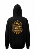 Black hoodie with yellow 'PNW Anglers' logo on the back against a white background