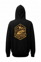 Black hoodie with yellow 'PNW Anglers' logo on the back against a white background