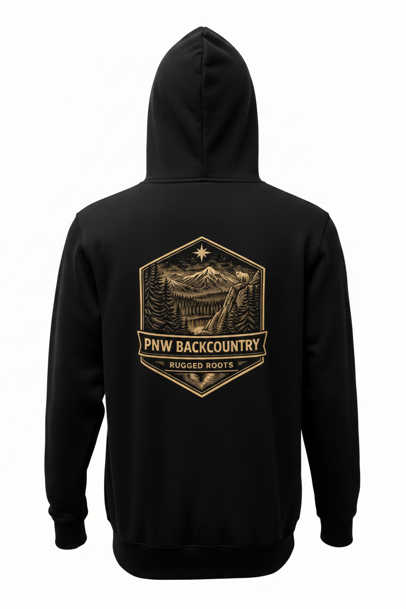 Black hoodie with a gold logo on the back on a white background