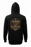 Black hoodie with a gold logo on the back on a white background
