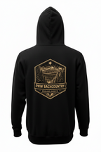 Black hoodie with a gold logo on the back on a white background
