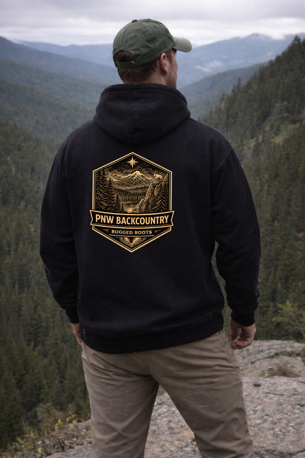 Person wearing a black hoodie with 'PNW Backcountry' logo in a mountainous forest setting