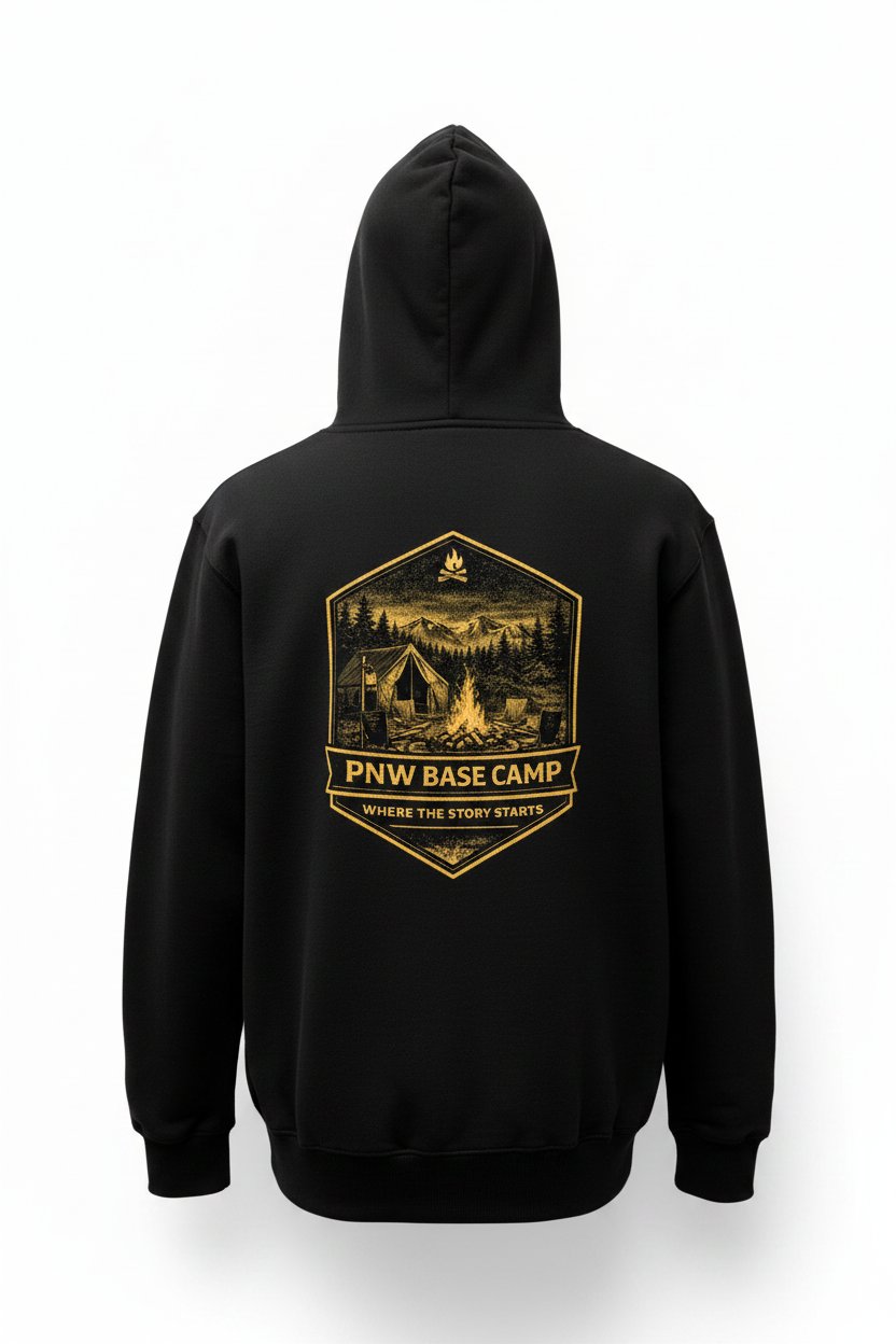 Black hoodie with a gold graphic and text on the back against a white background