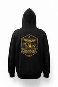 Black hoodie with a gold graphic and text on the back against a white background