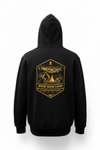 Black hoodie with a gold graphic and text on the back against a white background