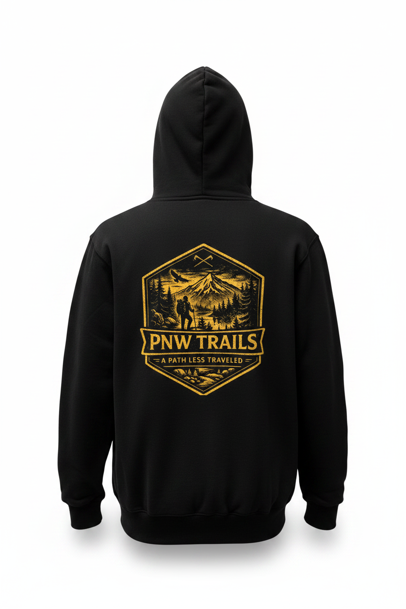 Black hoodie with yellow 'PNW Trails' logo on the back against a white background