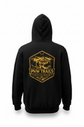 Black hoodie with yellow 'PNW Trails' logo on the back against a white background