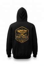Black hoodie with yellow 'PNW Trails' logo on the back against a white background