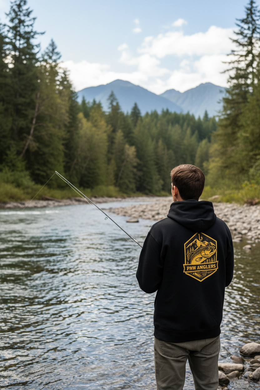 Black hoodie with PNW Anglers graphic on the back against a white background