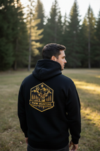 Black hoodie with yellow logo on a white background