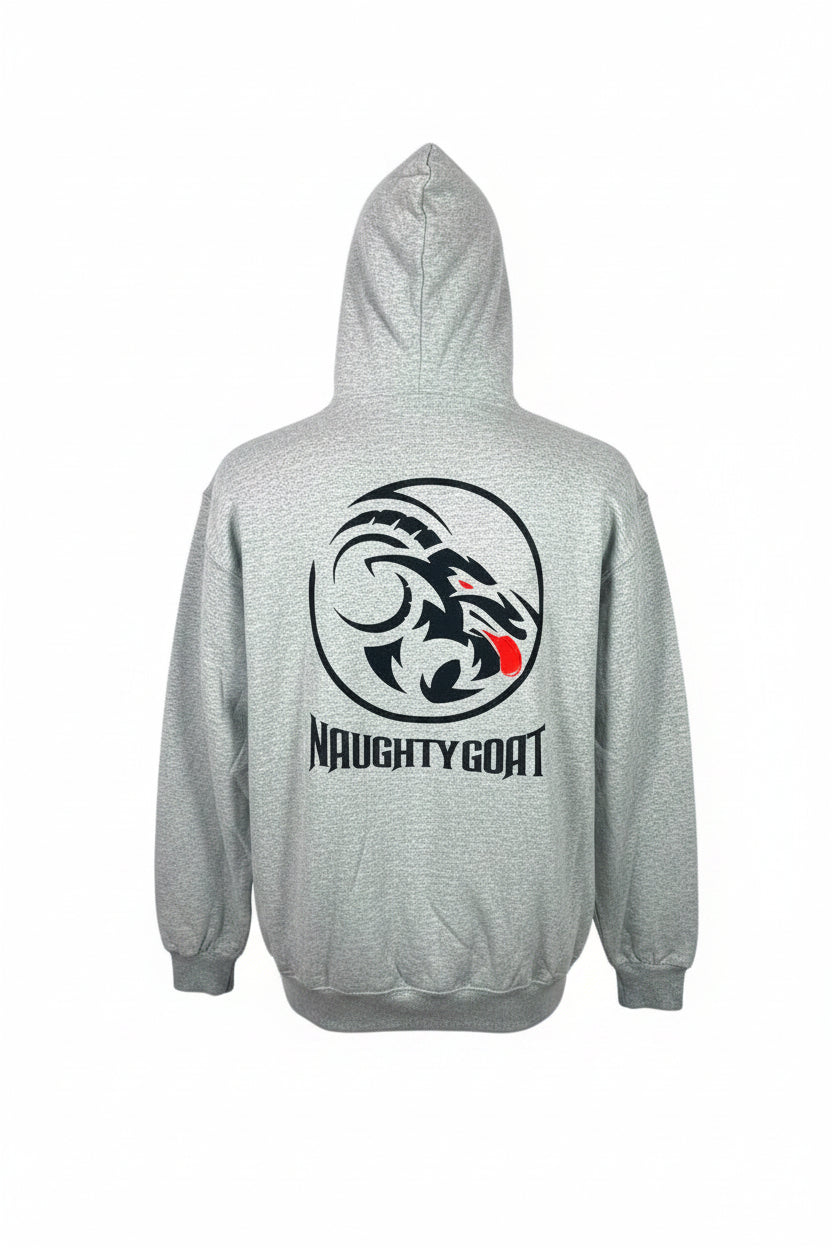 Gray hoodie with 'Naughty Goat' logo on the back against a white background
