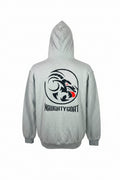 Gray hoodie with 'Naughty Goat' logo on the back against a white background