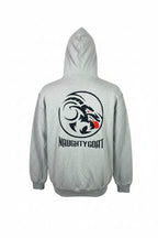 Gray hoodie with 'Naughty Goat' logo on the back against a white background