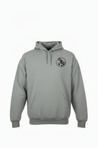 Gray hoodie with a small logo on the chest against a white background