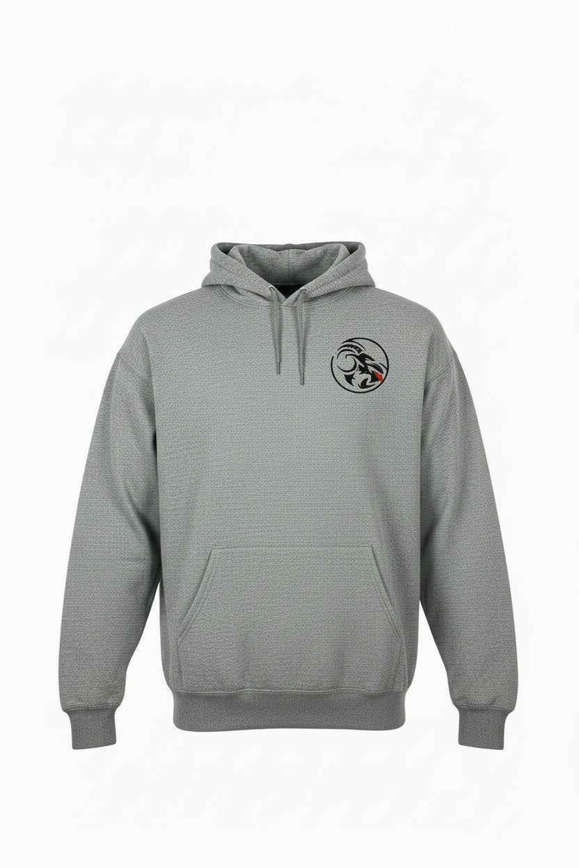 Gray hoodie with a small logo on the chest against a white background