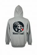 Gray hoodie with 'Naughty Goat' logo on the back against a white background