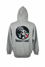 Gray hoodie with 'Naughty Goat' logo on the back against a white background
