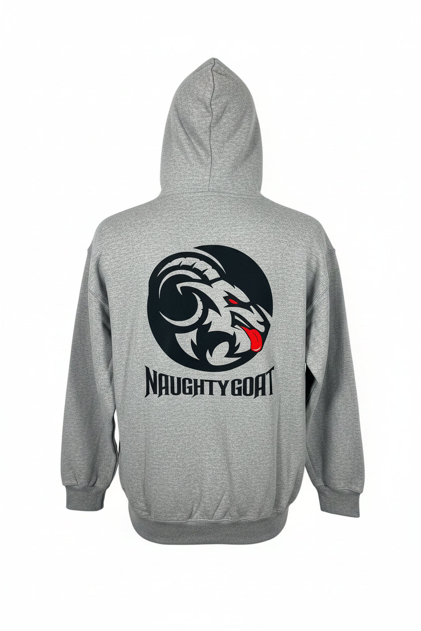 Gray hoodie with 'Naughty Goat' logo on the back against a white background