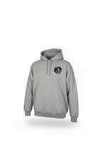 Gray hoodie with a logo on the chest against a white background
