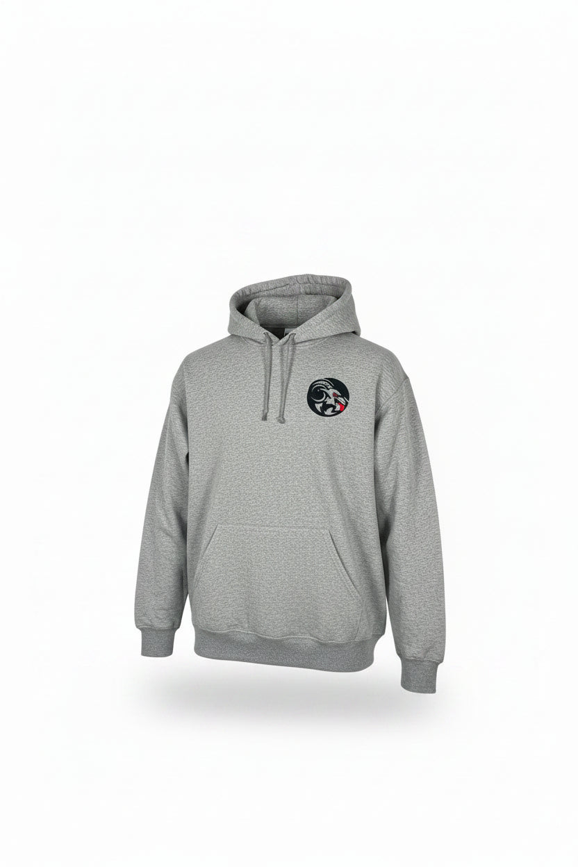 Gray hoodie with a logo on the chest against a white background