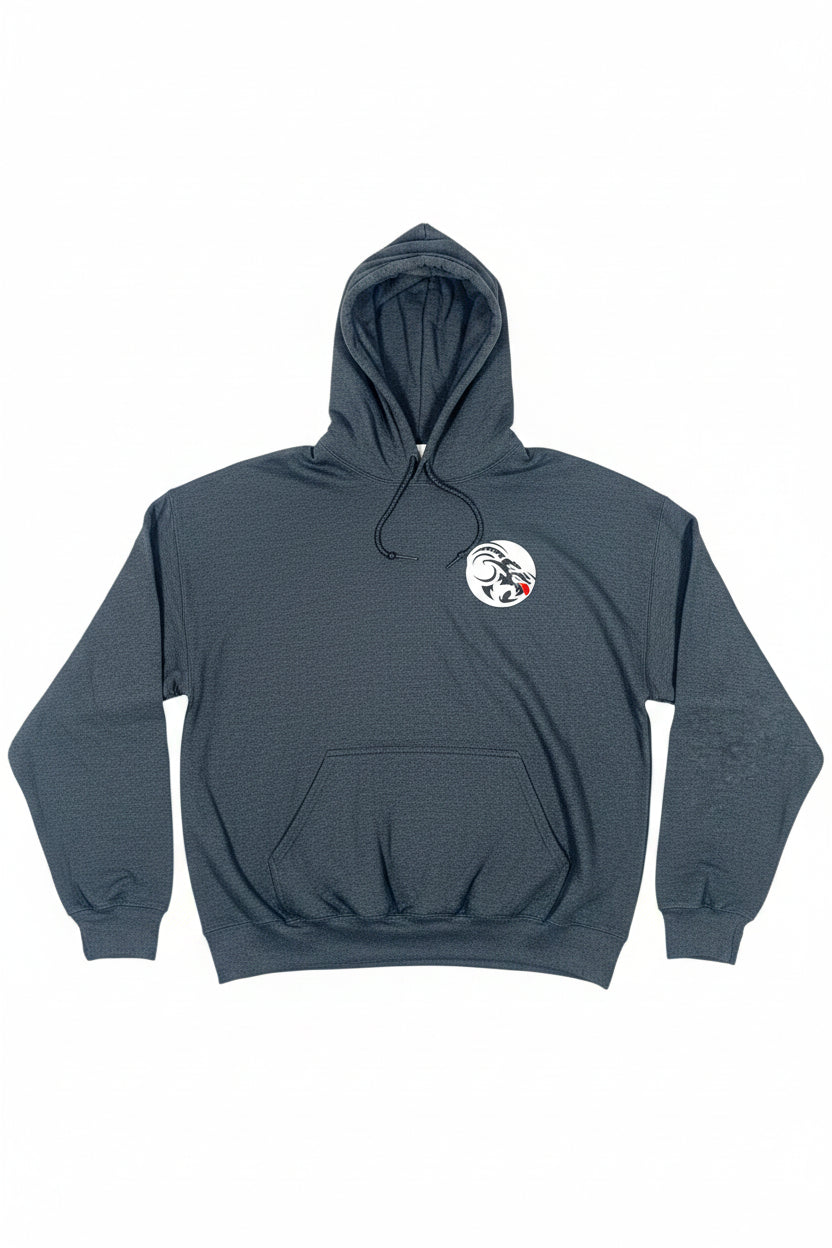 Blue hoodie with a logo on the chest against a white background