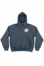 Blue hoodie with a logo on the chest against a white background