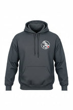 Gray hoodie with a logo on the chest against a white background