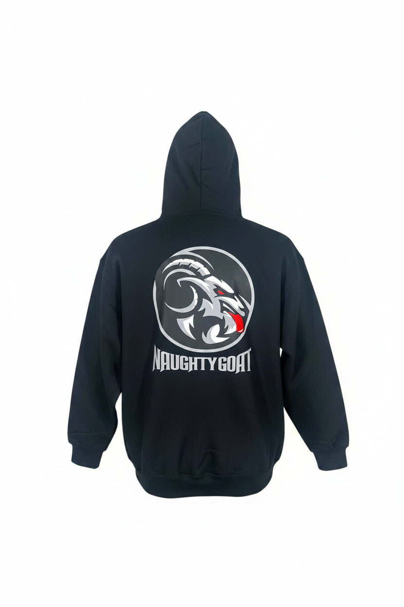 Black hoodie with 'Naughty Goat' logo on the back against a white background