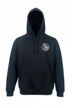 Navy blue hoodie with a logo on the chest against a white background