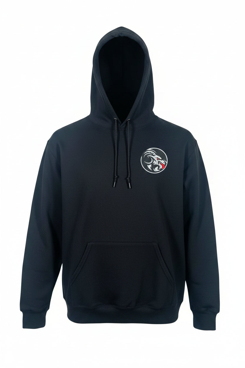 Navy blue hoodie with a logo on the chest against a white background
