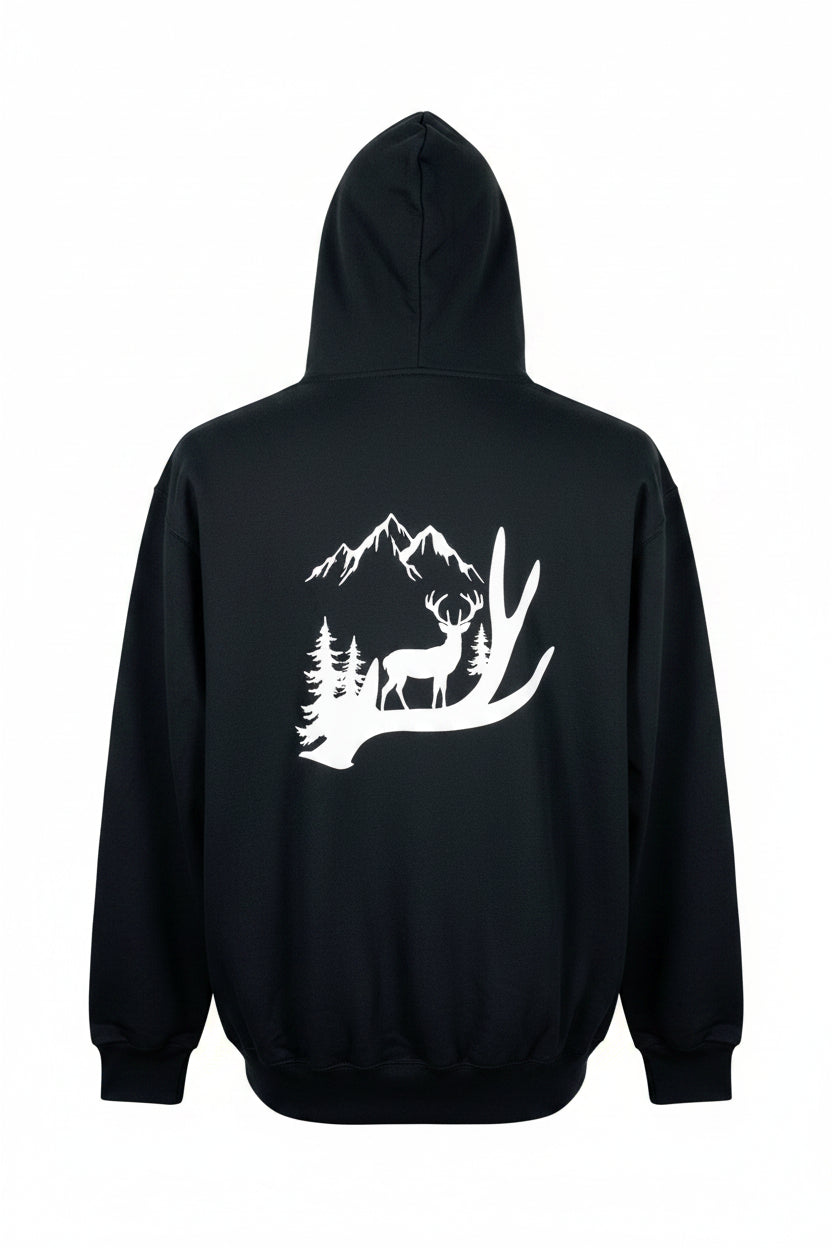 Black hoodie with a white graphic design on a white background