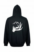 Black hoodie with a white graphic design on a white background