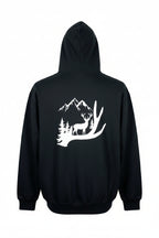 Black hoodie with a white graphic design on a white background