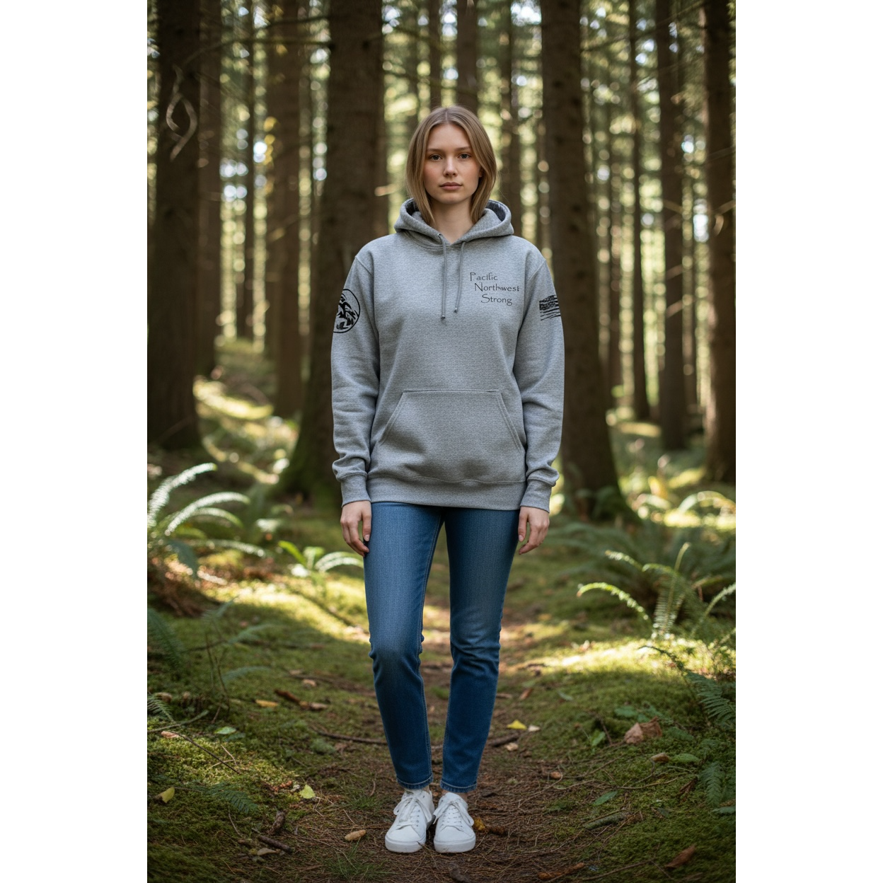 A gray hoodie with black vinyl graphics on sleeves and front left pocket
